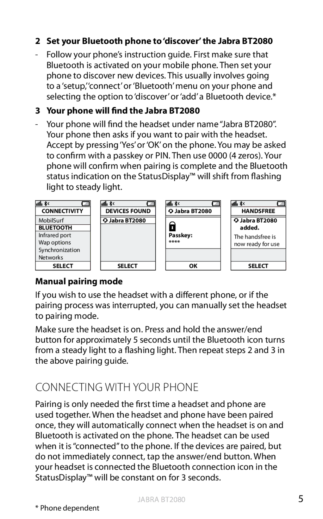 Jabra BT2080 user manual Connecting with Your Phone 