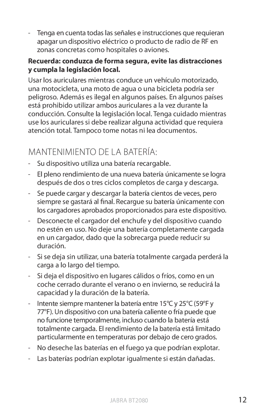 Jabra BT2080 user manual Mantenimiento DE LA Batería, Su dispositivo utiliza una batería recargable 