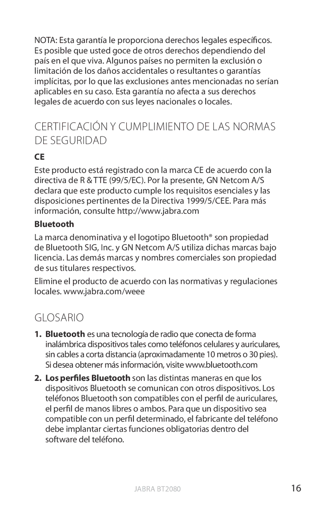 Jabra BT2080 user manual Certificación y cumplimiento de las normas de seguridad, Glosario 