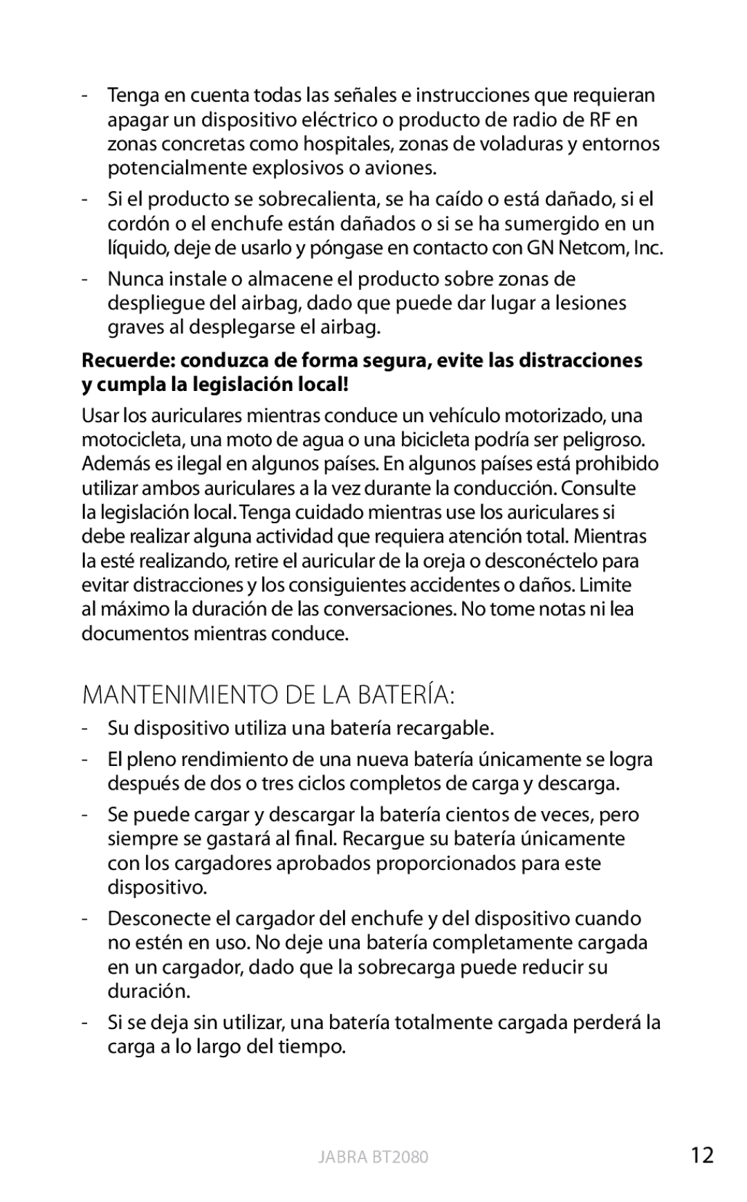 Jabra BT2080 user manual Mantenimiento DE LA Batería 