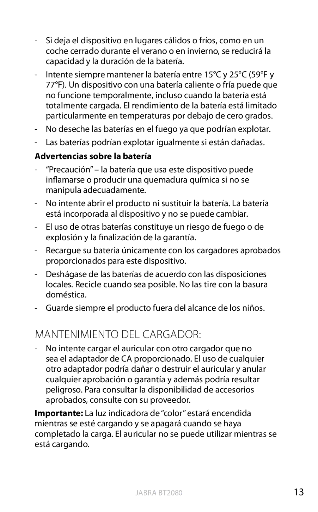 Jabra BT2080 user manual Mantenimiento DEL Cargador 