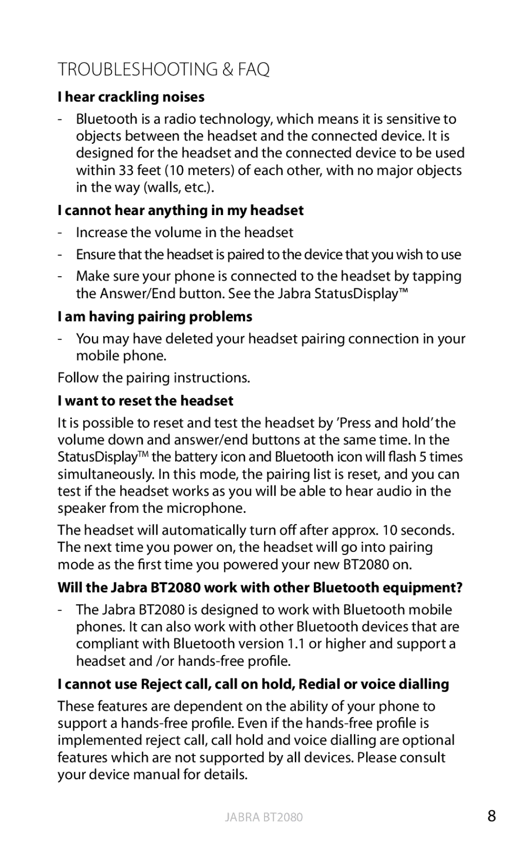 Jabra BT2080 user manual Troubleshooting & FAQ 