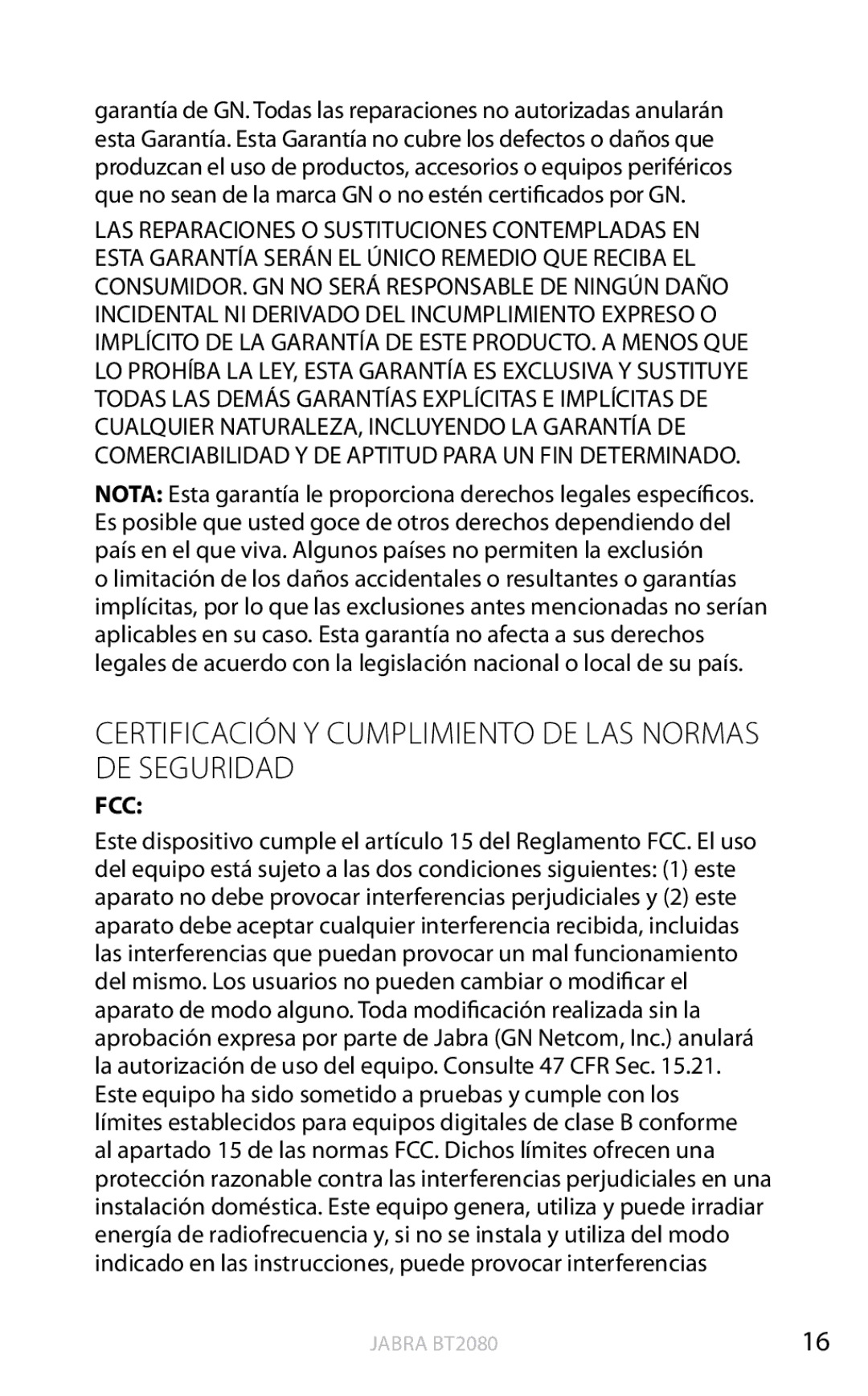 Jabra BT2080 user manual Certificación y cumplimiento de las normas de seguridad 