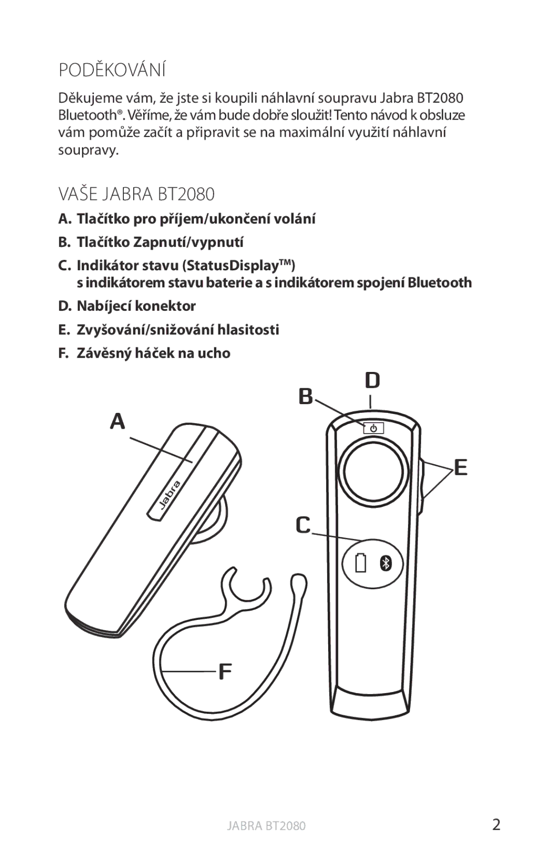 Jabra user manual Poděkování, Vaše Jabra BT2080 