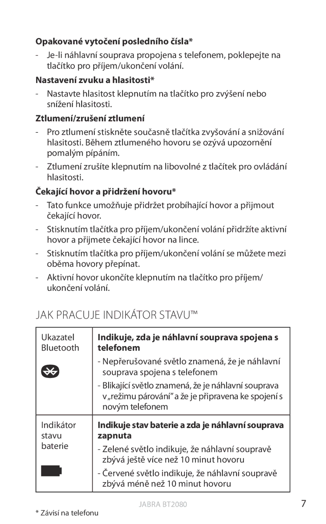 Jabra BT2080 user manual JAK Pracuje Indikátor Stavu 