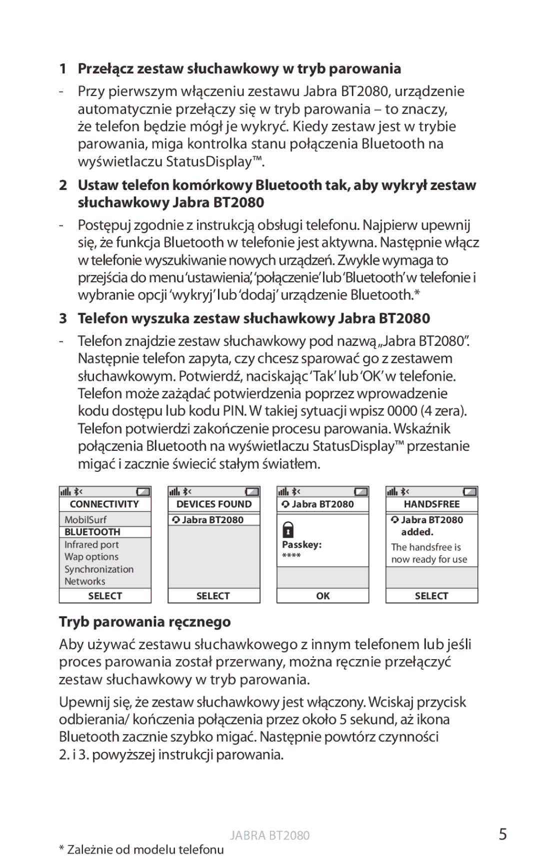 Jabra user manual Przełącz zestaw słuchawkowy w tryb parowania, Telefon wyszuka zestaw słuchawkowy Jabra BT2080 