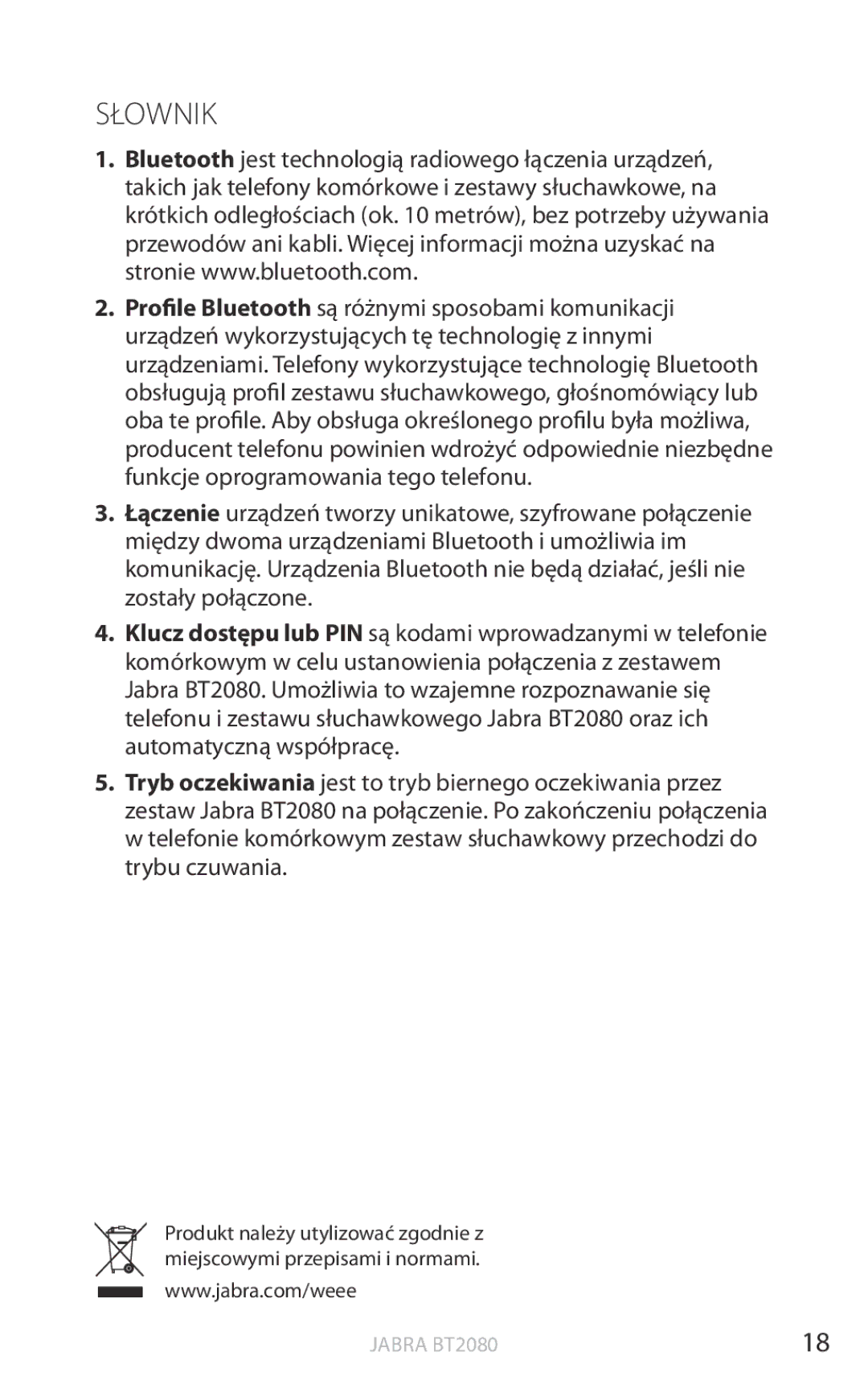 Jabra BT2080 user manual Słownik 