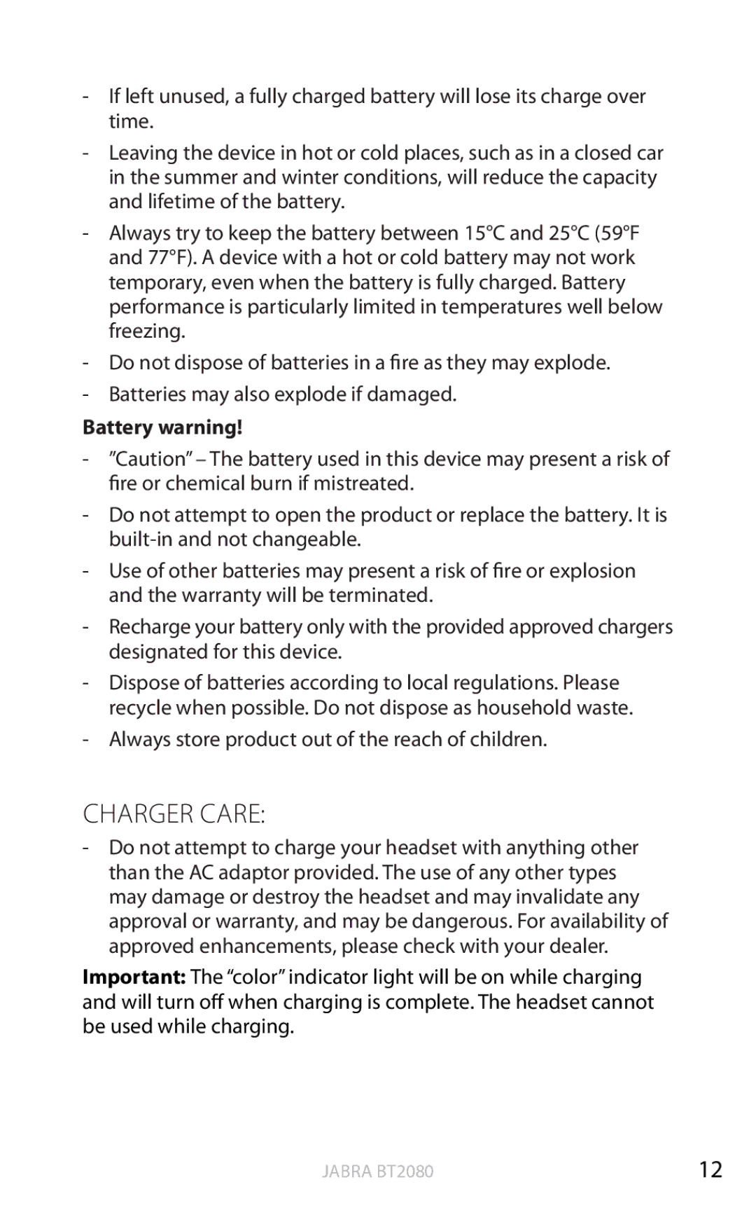 Jabra BT2080 user manual Charger Care 