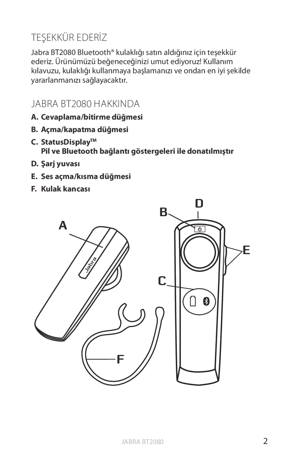 Jabra user manual Teşekkür Ederİz, Jabra BT2080 Hakkinda 