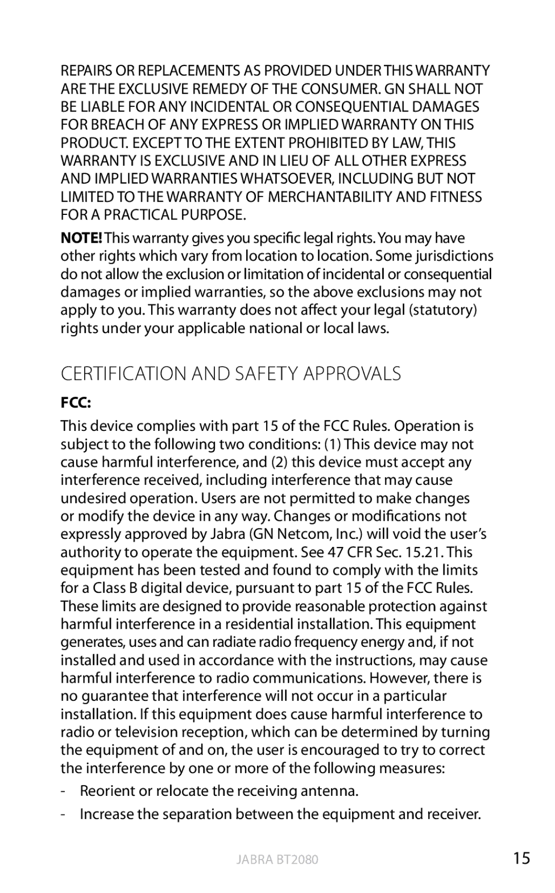 Jabra BT2080 user manual Certification and safety approvals, Fcc 