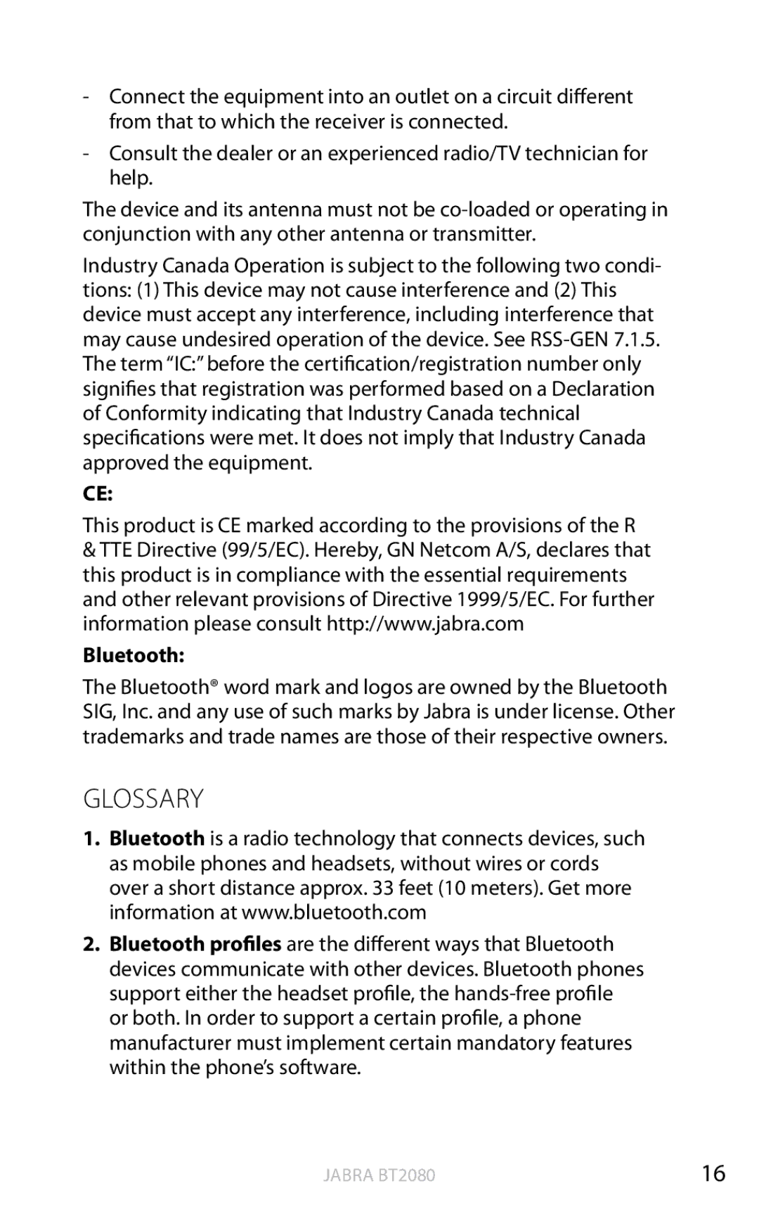 Jabra BT2080 user manual Glossary 