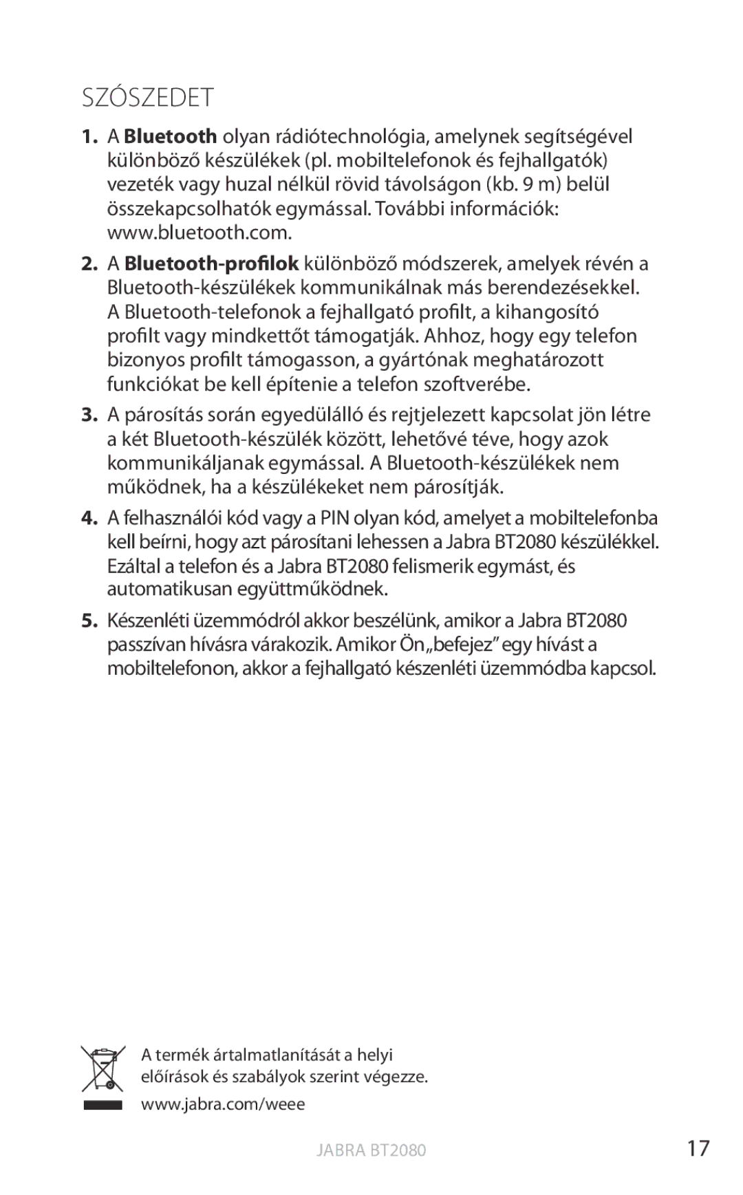 Jabra BT2080 user manual SzóSZEDET 