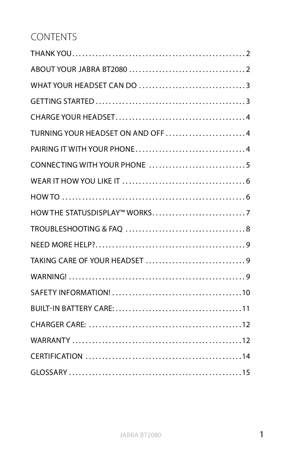 Jabra BT2080 user manual Contents, Warranty Certification Glossary 