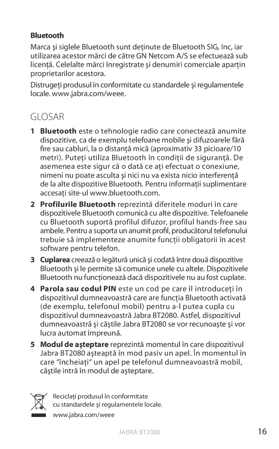 Jabra BT2080 user manual Glosar, Bluetooth 