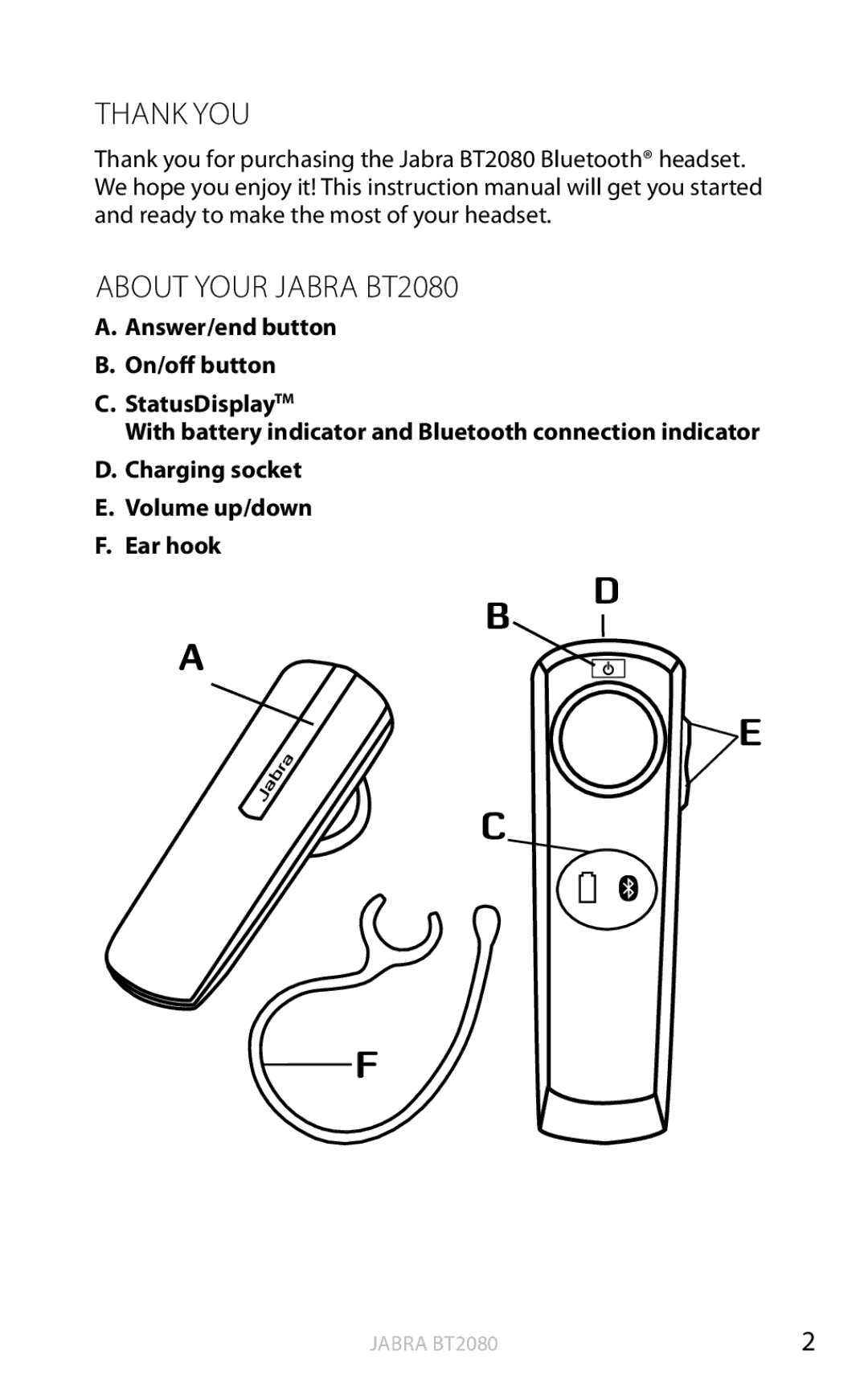 Jabra user manual Thank YOU About Your Jabra BT2080 