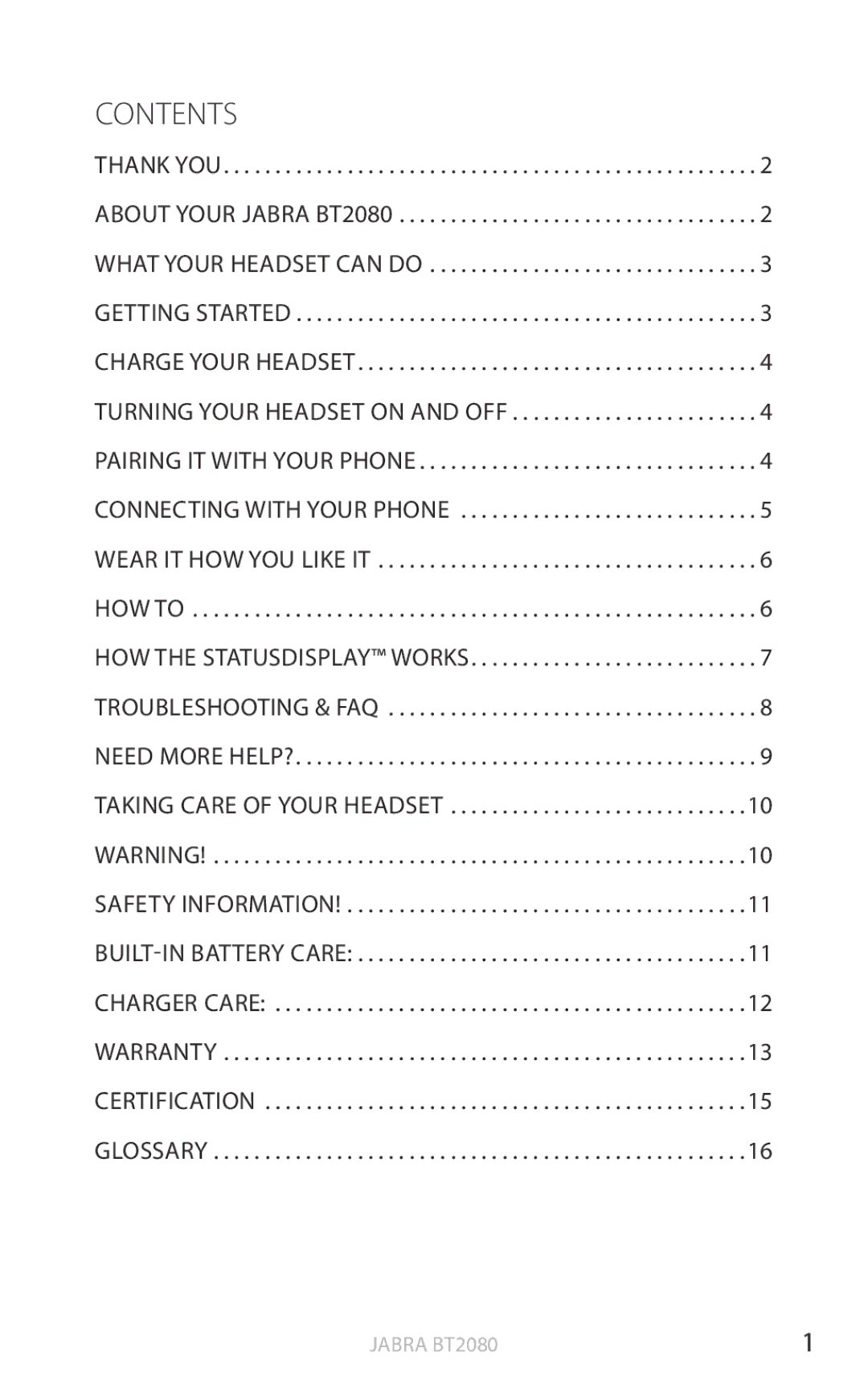 Jabra BT2080 user manual Contents 