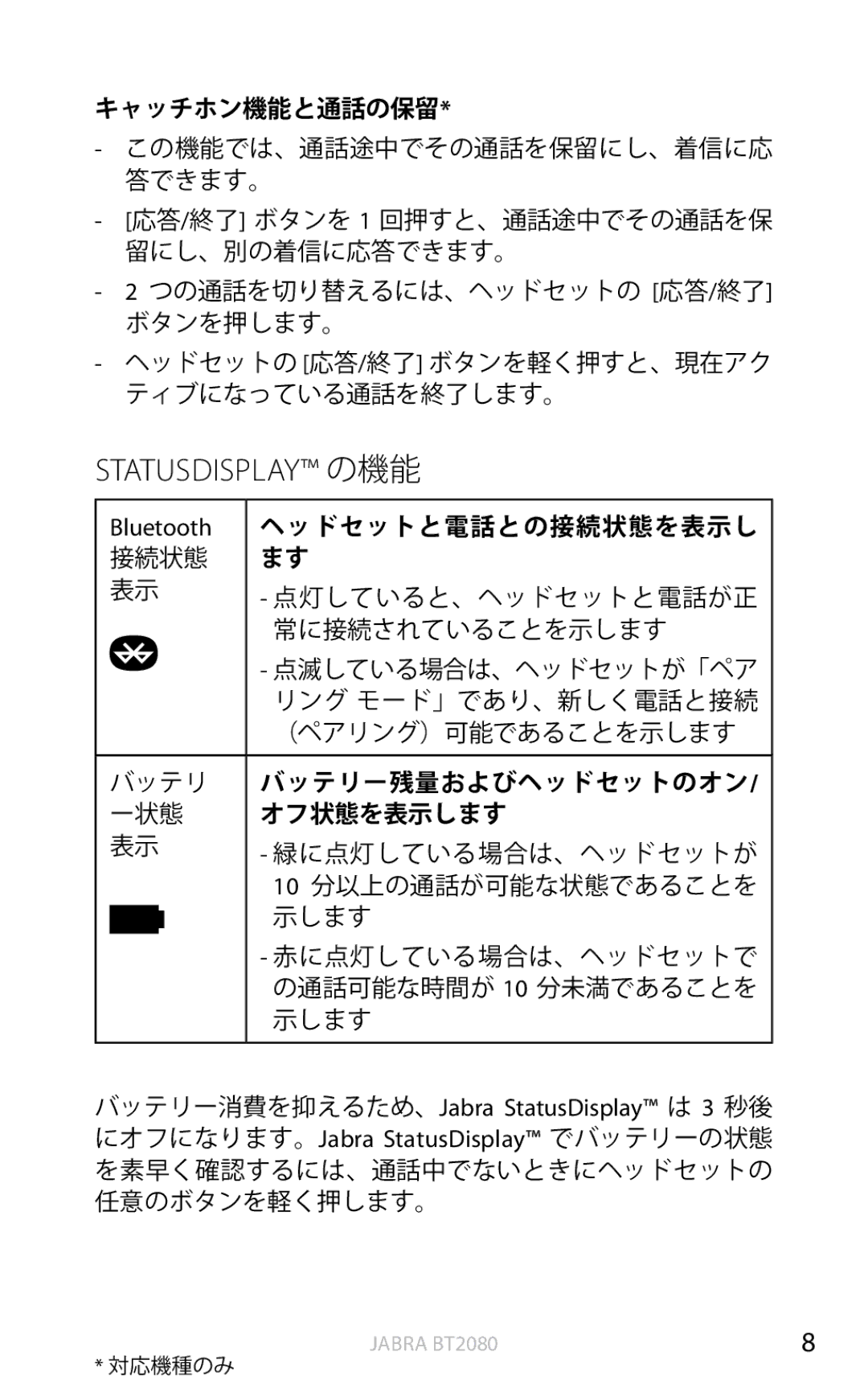 Jabra BT2080 user manual Statusdisplay の機能, キャッチホン機能と通話の保留 