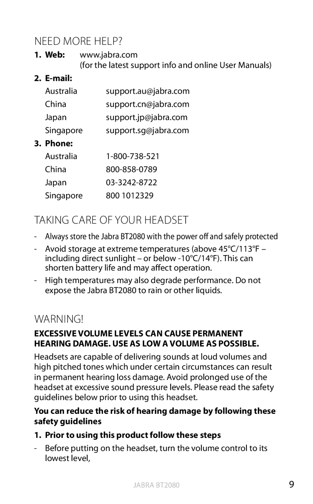 Jabra BT2080 user manual Australia China Japan, Singapore 800 