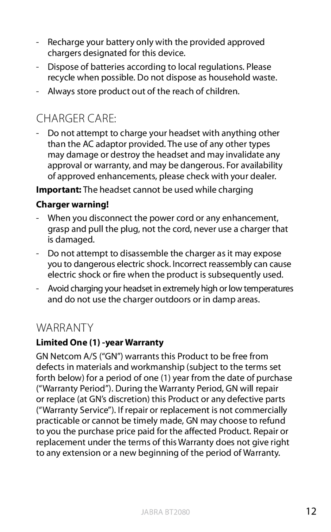 Jabra BT2080 user manual Charger Care 