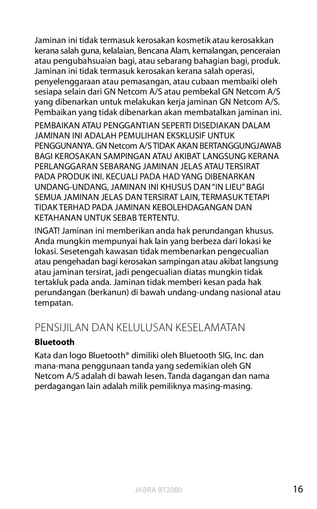 Jabra BT2080 user manual Pensijilan dan kelulusan keselamatan, Bluetooth 