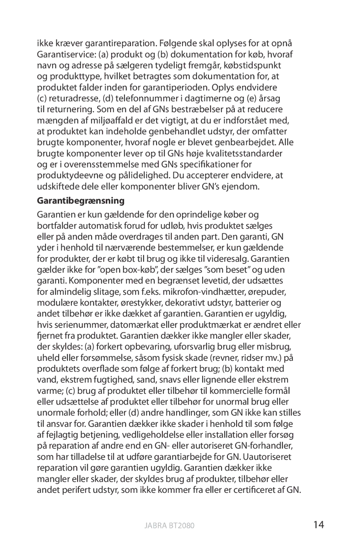 Jabra BT2080 user manual Garantibegrænsning 