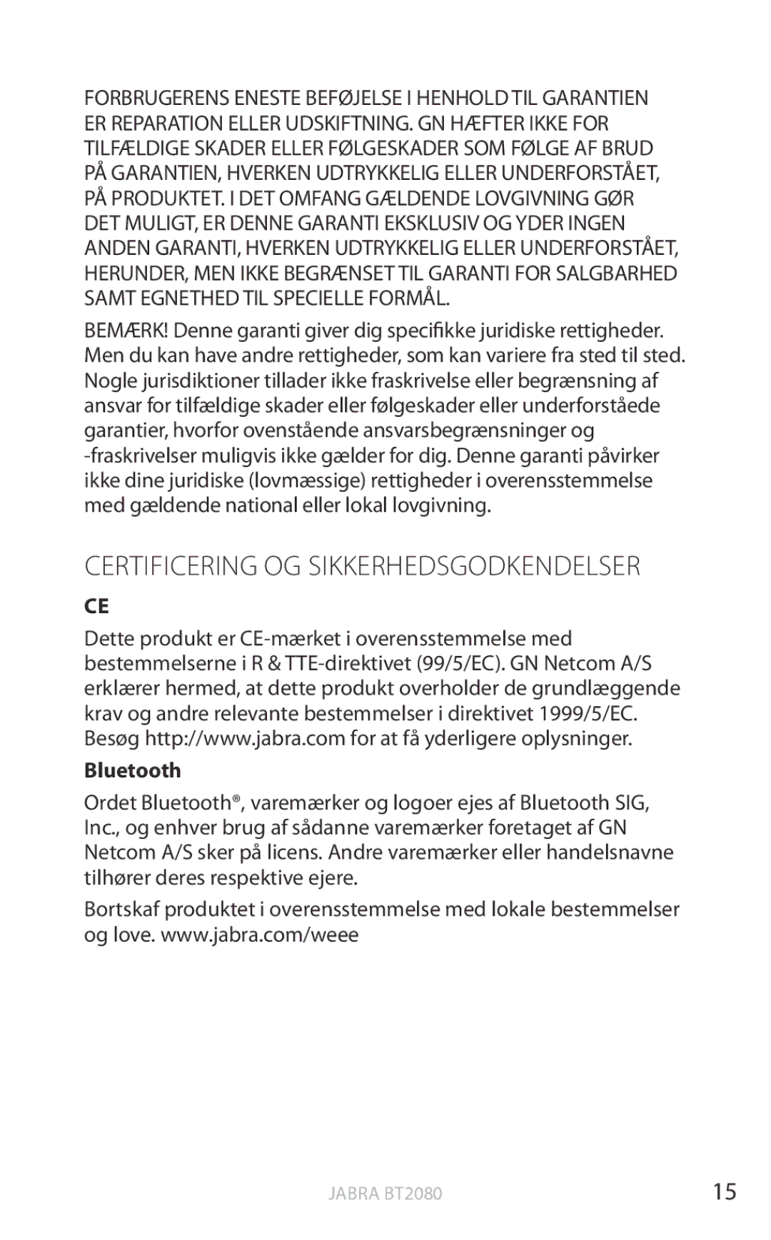 Jabra BT2080 user manual Certificering og sikkerhedsgodkendelser, Bluetooth 