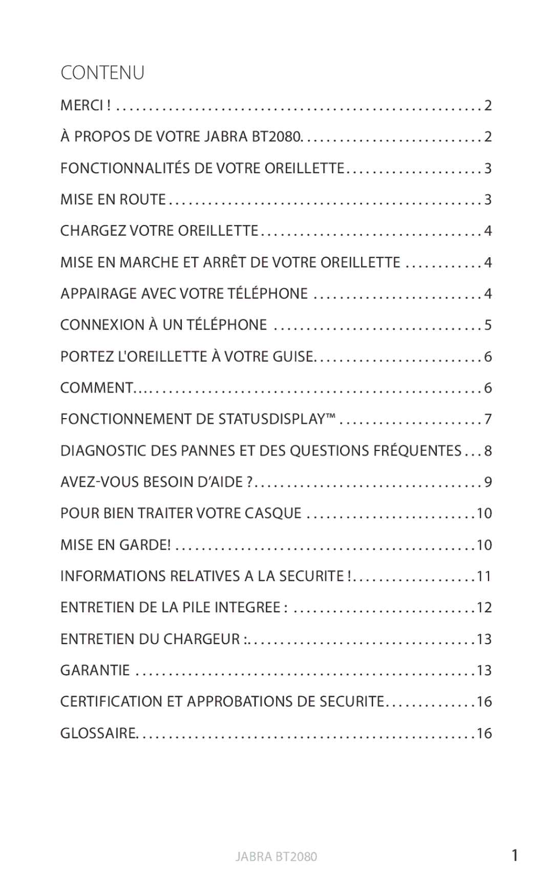 Jabra BT2080 user manual Contenu, Mise en garde, Garantie 