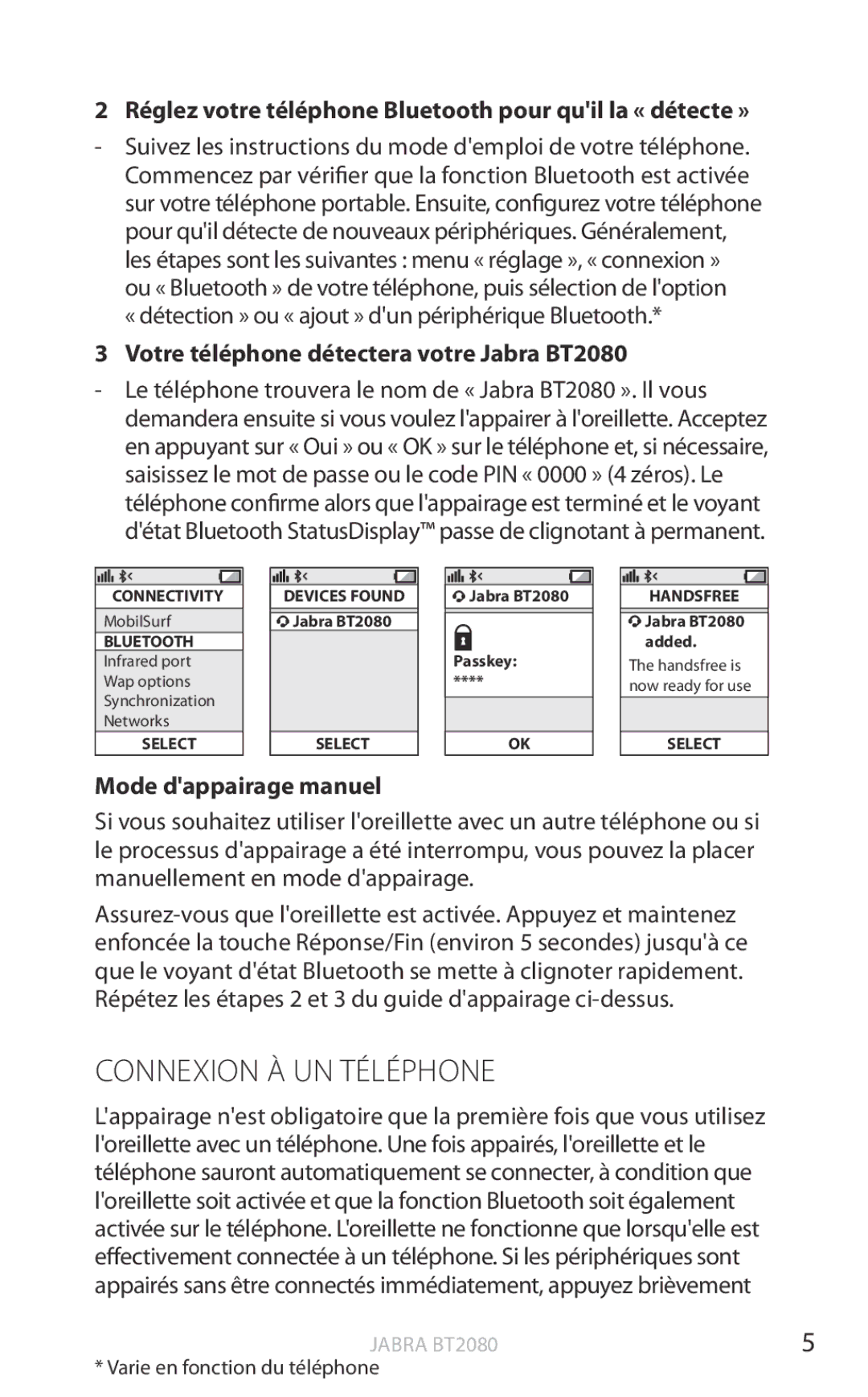 Jabra BT2080 Connexion À UN Téléphone, Réglez votre téléphone Bluetooth pour quil la « détecte », Mode dappairage manuel 