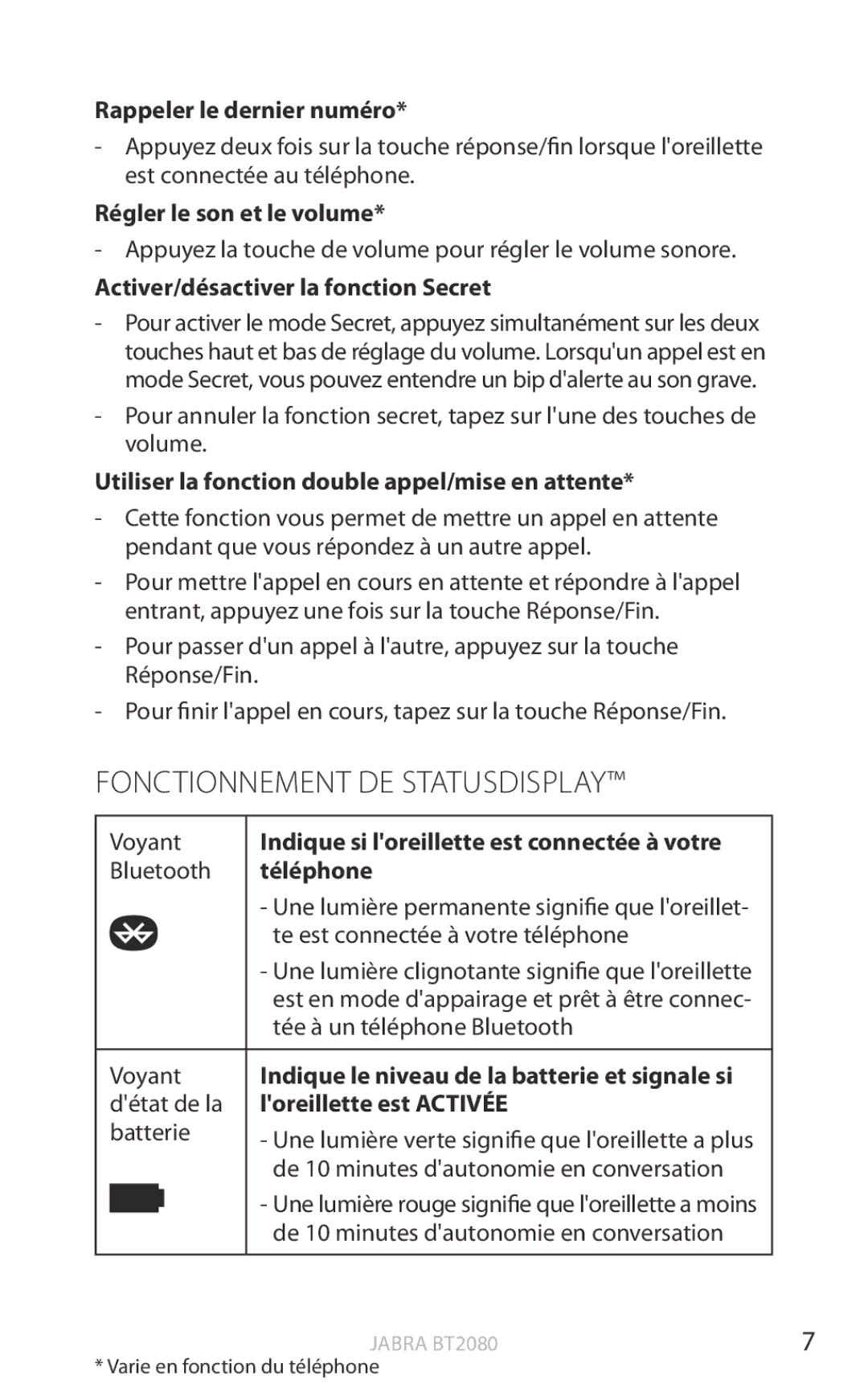 Jabra BT2080 user manual Fonctionnement DE Statusdisplay 