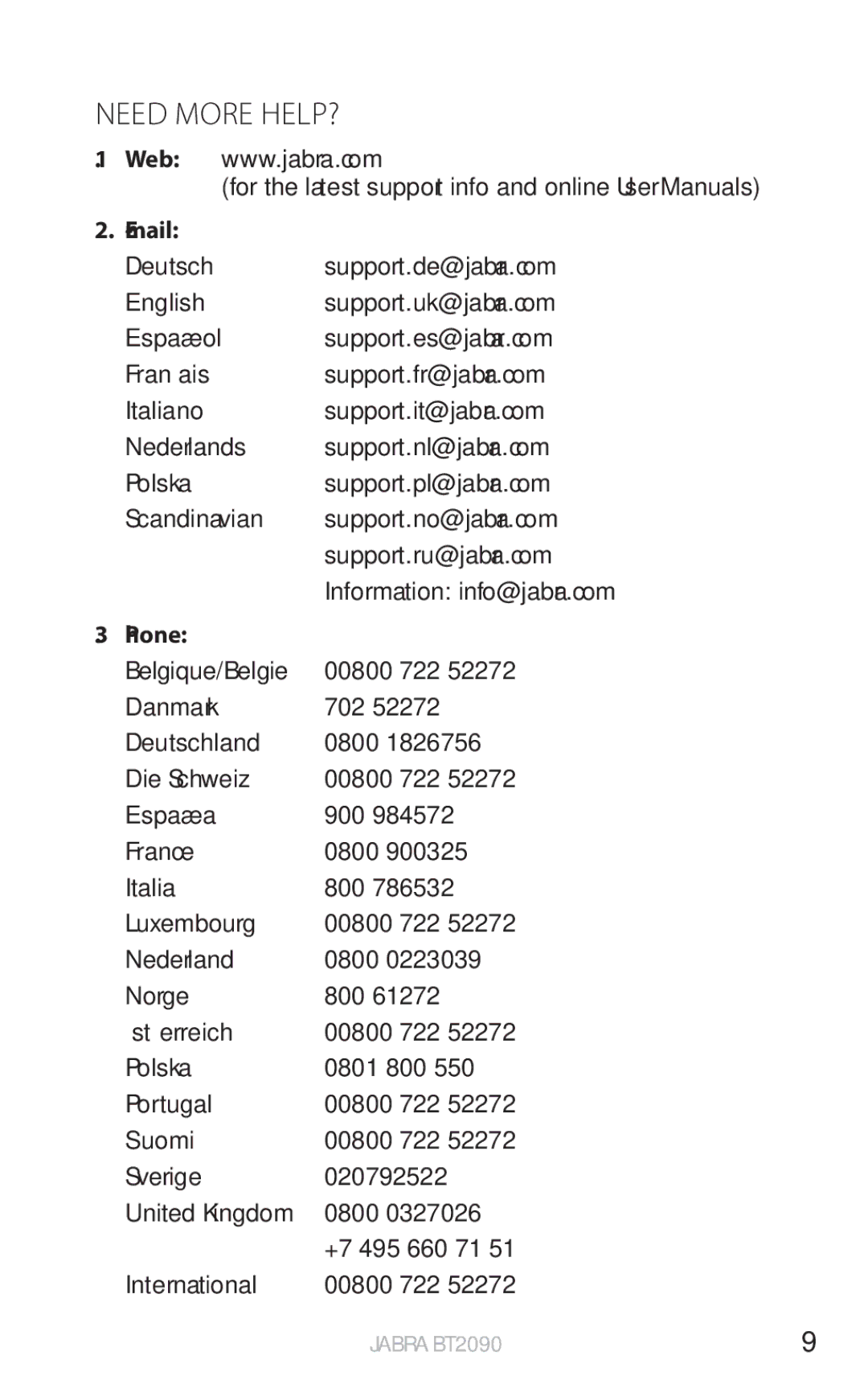 Jabra BT2090 user manual Need More HELP?, Mail 