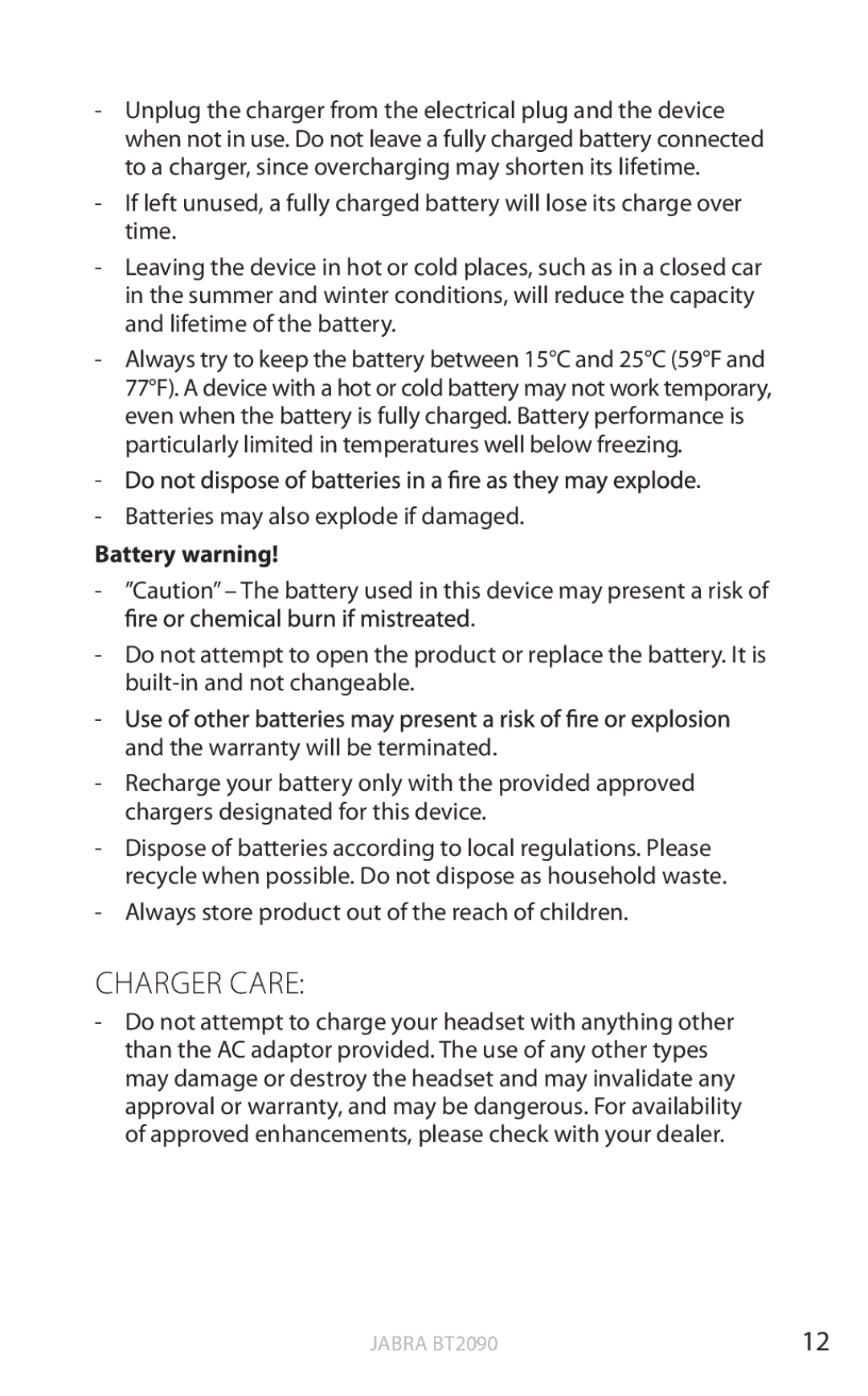 Jabra BT2090 user manual Charger Care, Batteries may also explode if damaged, Battery warning 