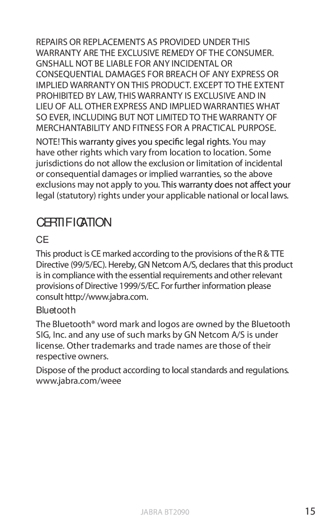 Jabra BT2090 user manual Certification, Bluetooth 