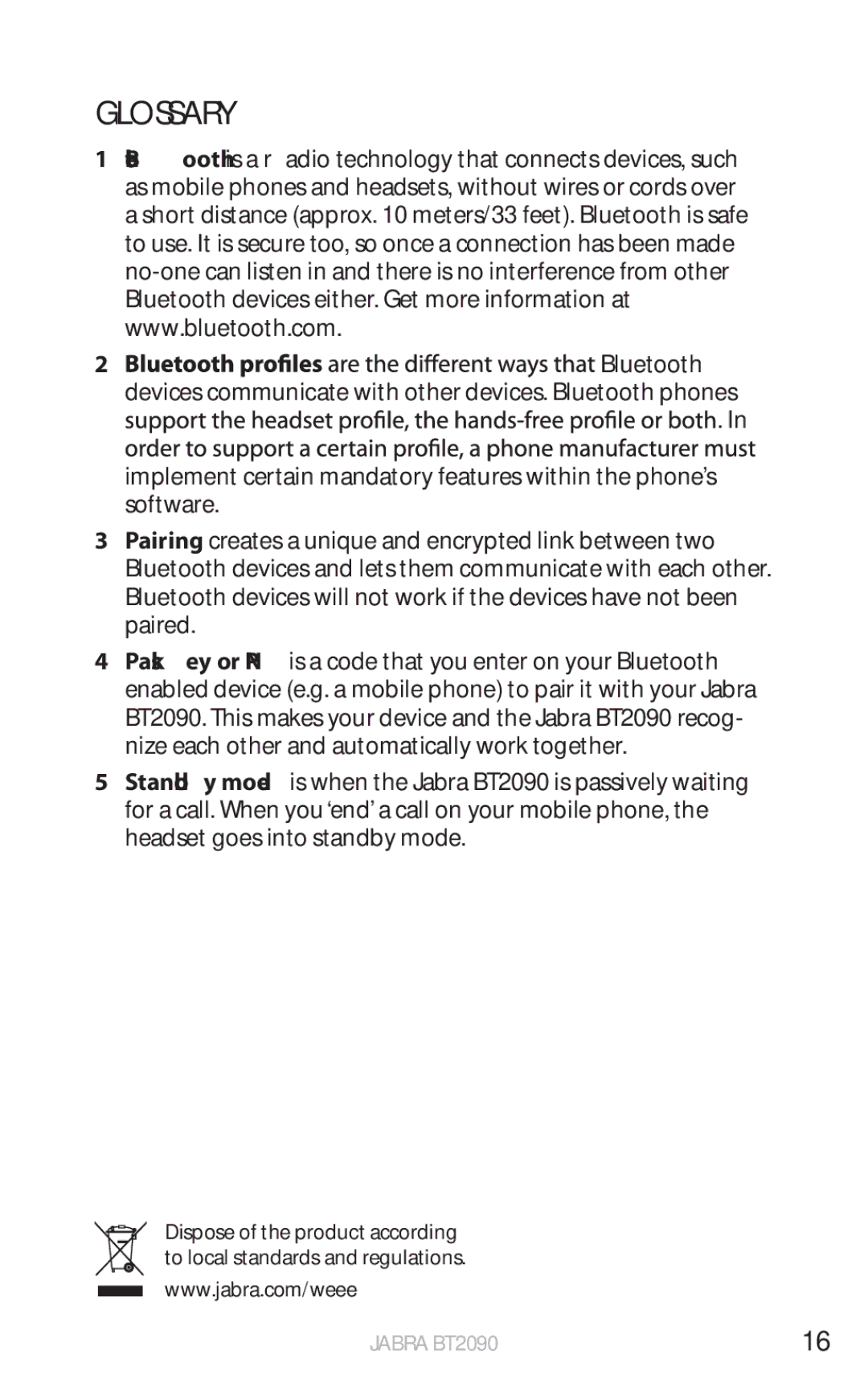 Jabra BT2090 user manual Glossary 