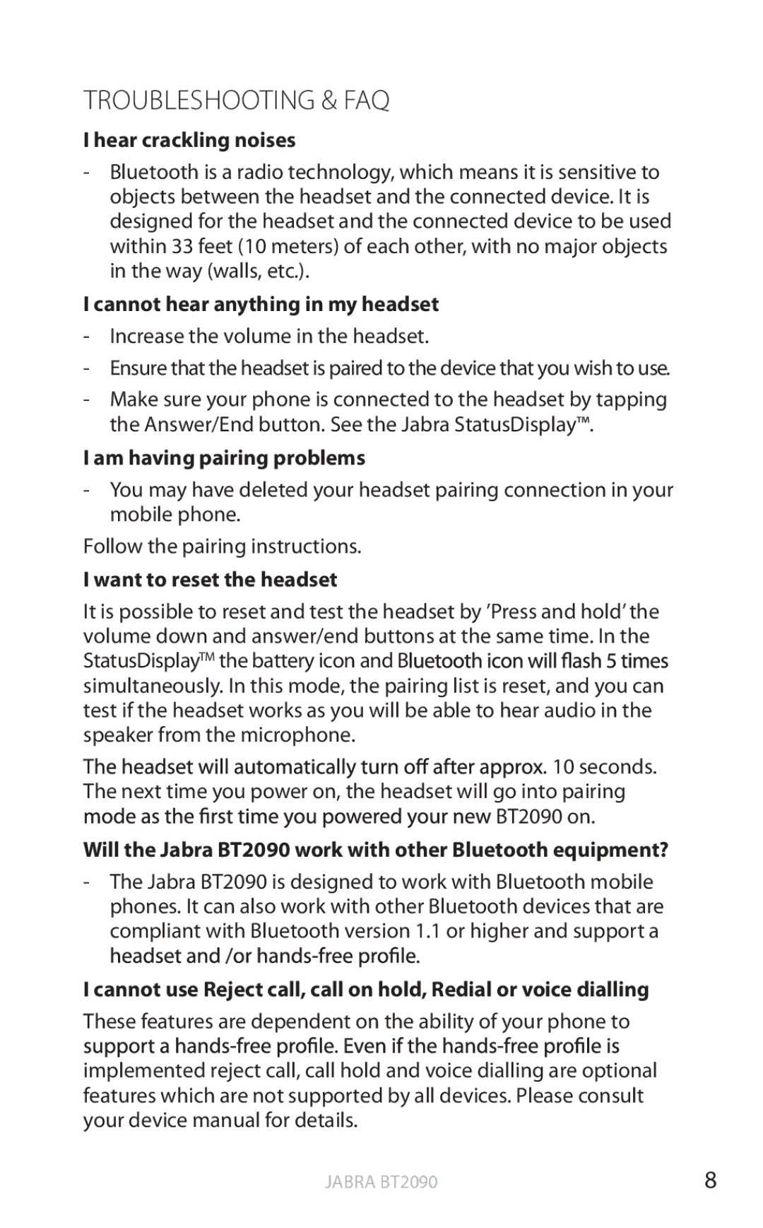 Jabra BT2090 user manual Troubleshooting & FAQ 