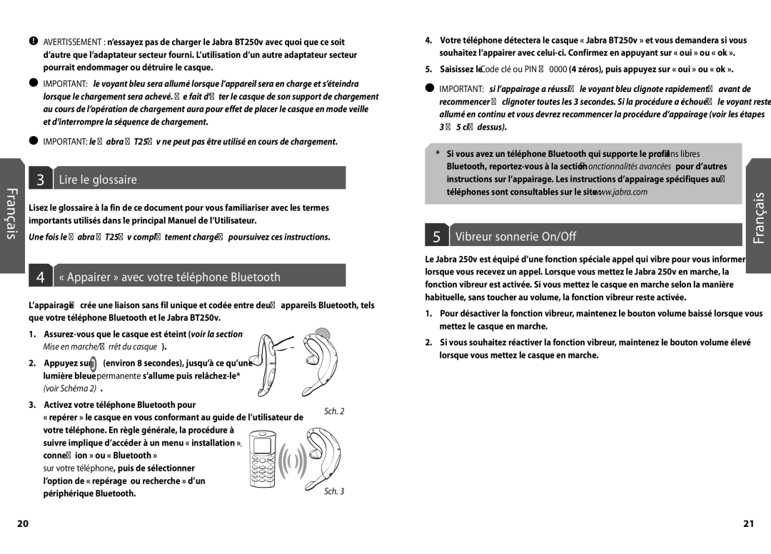 Jabra BT250v user manual Lire le glossaire, « Appairer » avec votre téléphone Bluetooth, Vibreur sonnerie On/Off 