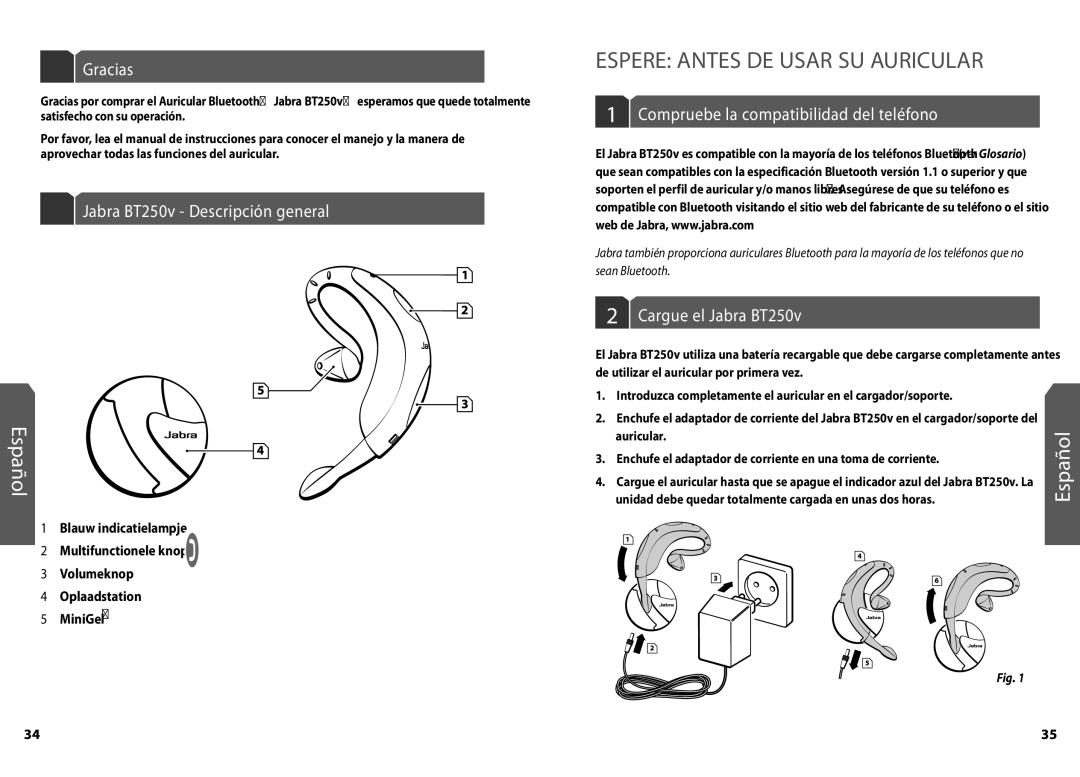 Jabra user manual Espere Antes DE Usar SU Auricular, Gracias, Jabra BT250v Descripción general, Cargue el Jabra BT250v 