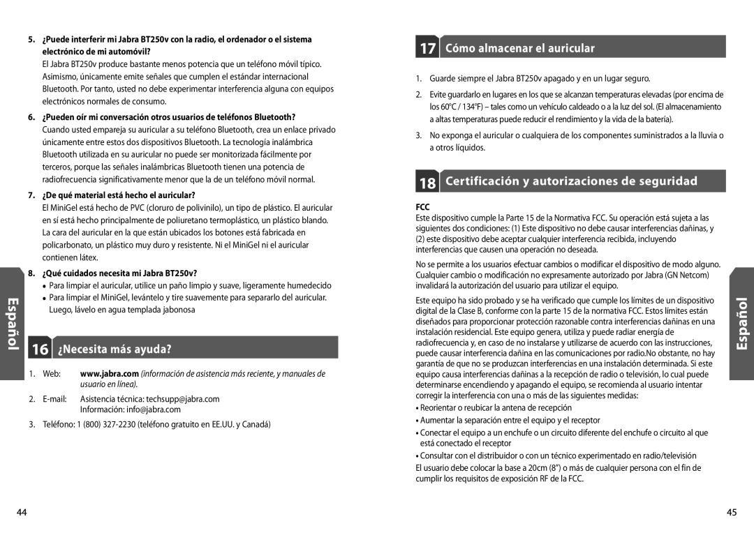 Jabra BT250v 16 ¿Necesita más ayuda?, 17 Cómo almacenar el auricular, Certificación y autorizaciones de seguridad 