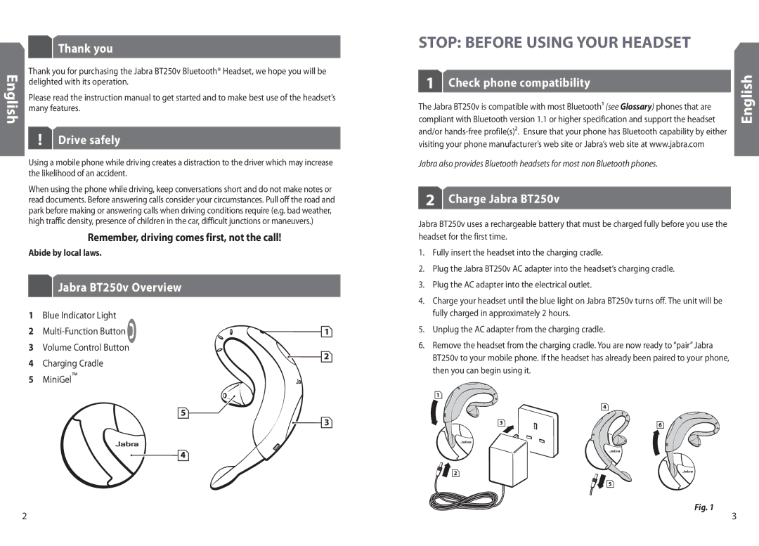 Jabra BT250v user manual Stop Before Using Your Headset 