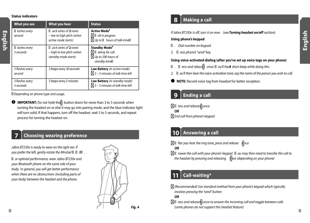 Jabra BT250v user manual Choosing wearing preference, Making a call, Ending a call, Answering a call, Call-waiting 