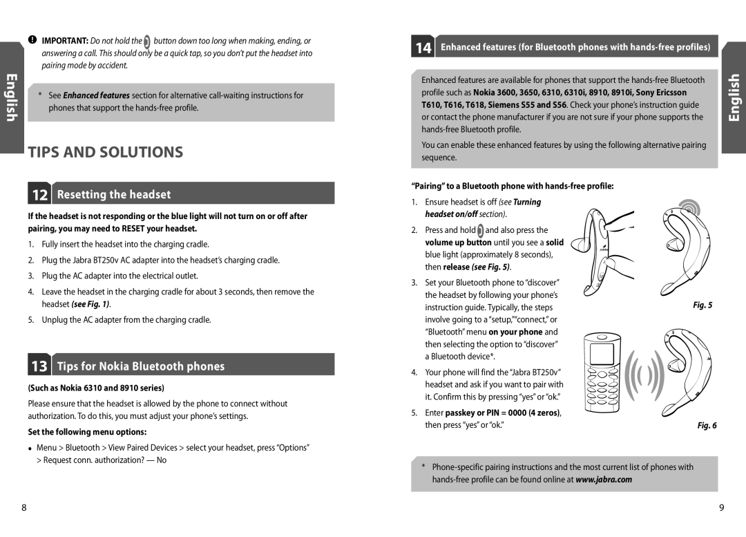 Jabra BT250v user manual Tips and Solutions, Resetting the headset, Tips for Nokia Bluetooth phones, English 