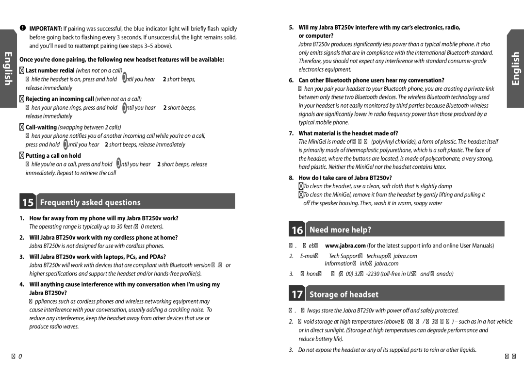 Jabra BT250v user manual Frequently asked questions, Need more help?, Storage of headset 