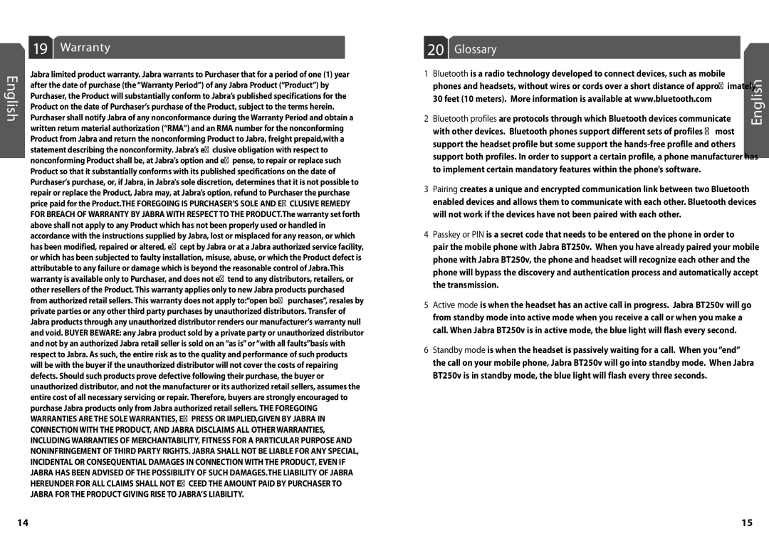 Jabra BT250v user manual Warranty, Glossary 