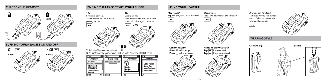 Jabra BT3030 manual Charge your headset, Turning your headset On and Off, Pairing the headset with your phone 