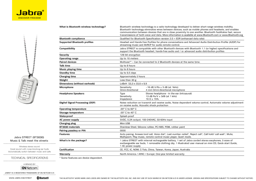 Jabra BT3030 technical specifications What is Bluetooth wireless technology?, Bluetooth compliance, Compatibility, Weight 