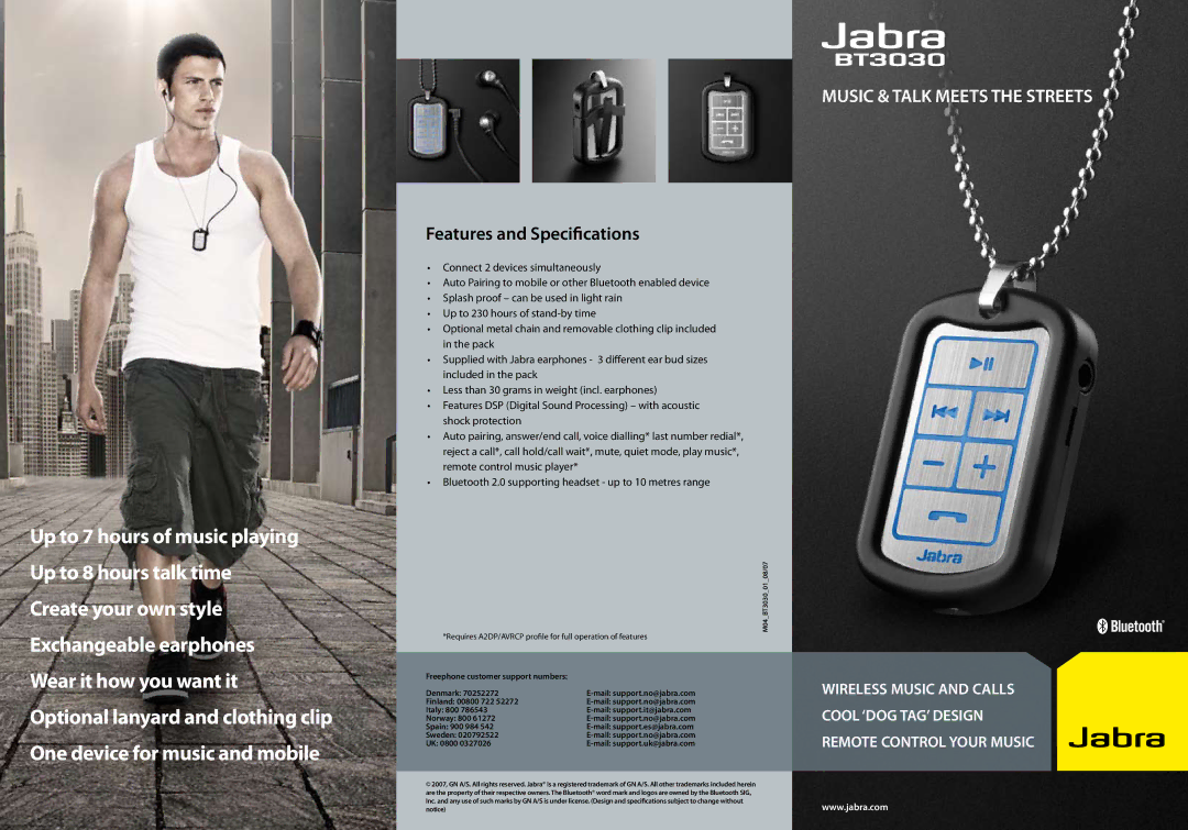 Jabra BT3030 manual Features and Specifications, Music & Talk Meets the Streets 