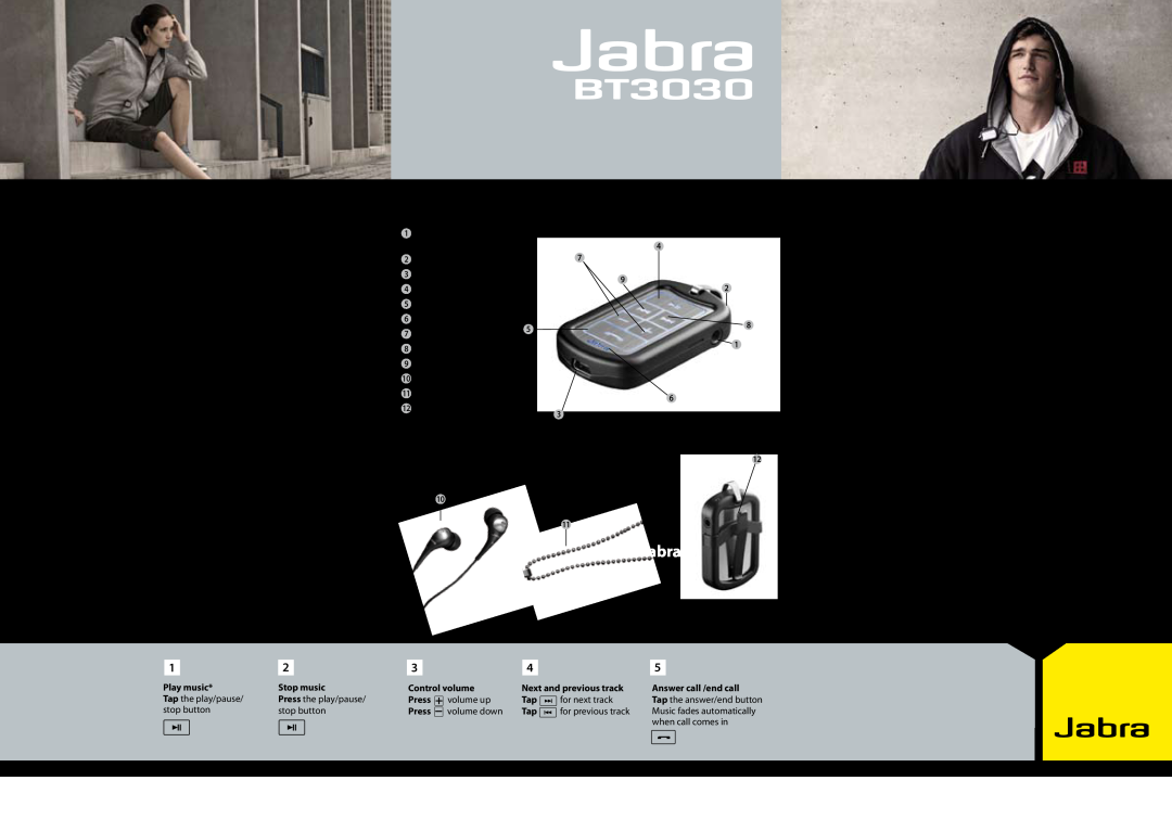 Jabra BT3030 manual Music & Talk Meets The Streets, Quick start guide, Manual pairing 