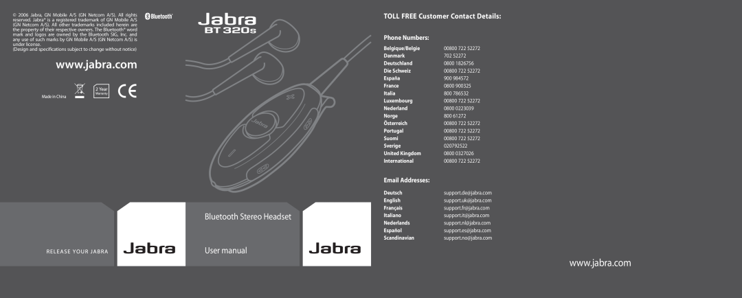 Jabra BT320s user manual Bluetooth Stereo Headset User manual, TOLL FREE Customer Contact Details, Phone Numbers 