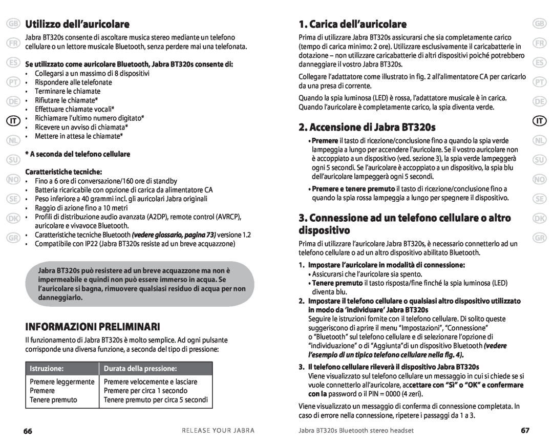Jabra user manual Utilizzo dell’auricolare, Informazioni Preliminari, Carica dell’auricolare, Accensione di Jabra BT320s 