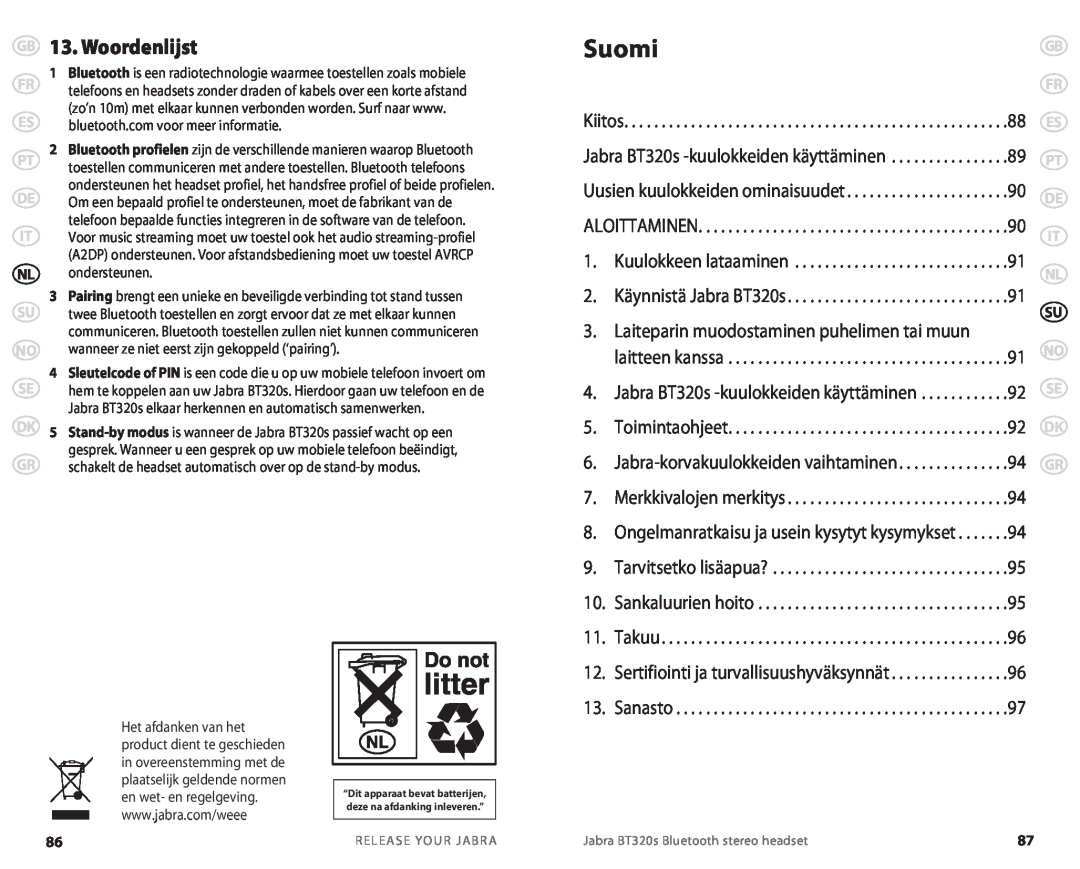 Jabra BT320s user manual Suomi, Woordenlijst 