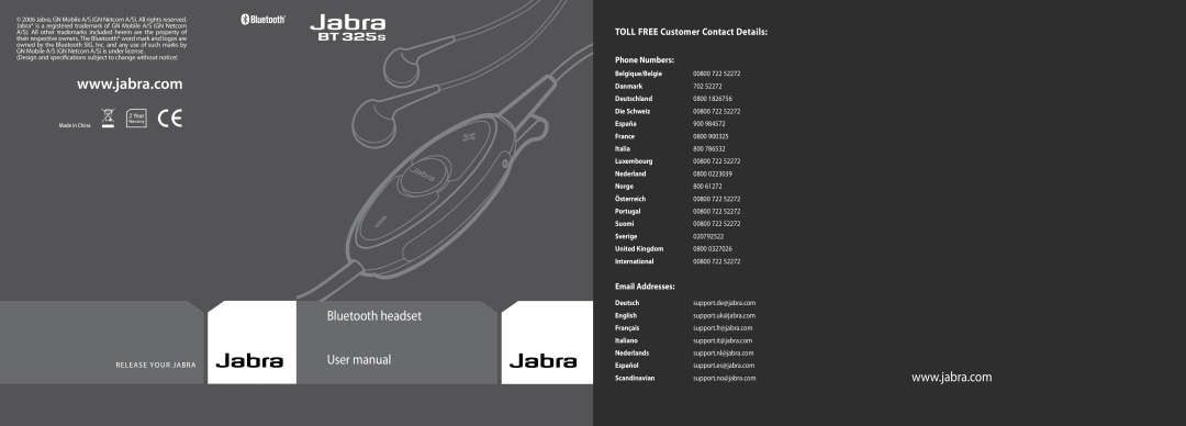 Jabra BT325s user manual TOLL FREE Customer Contact Details, Phone Numbers, Email Addresses 